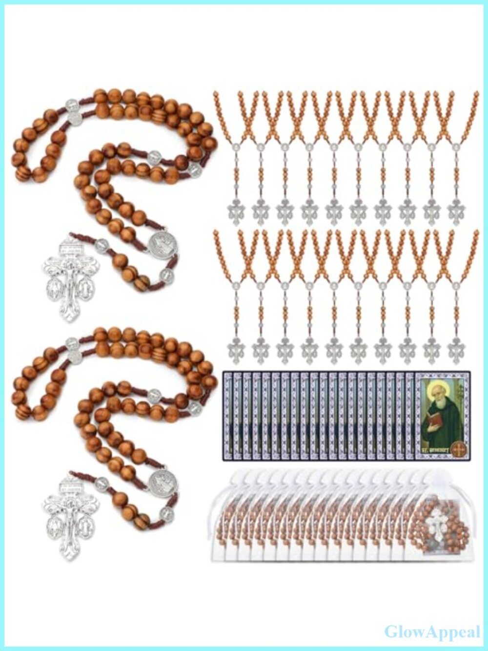 Wood Rosary Beads Catholic Necklace Cross Pendant Set with Cards & Bags